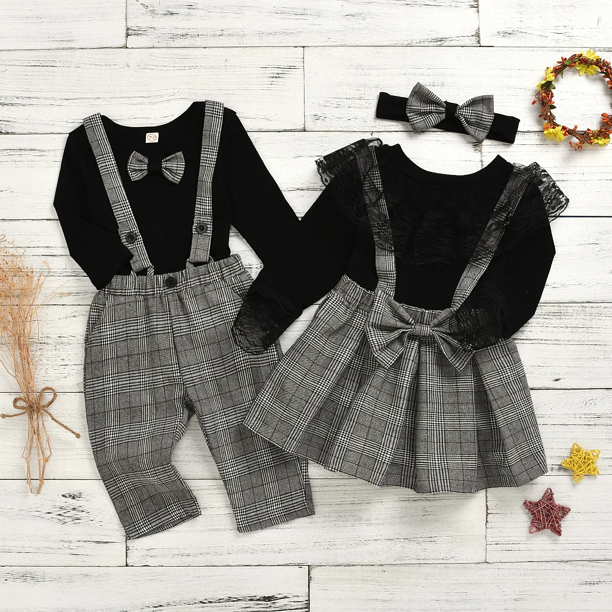

England Style Family Matching Clothes Little Brother Romper Overall Big Sister Ruffled T-Shirts Strap Skirt Sibling Outfits Set, Photo showed and customized color