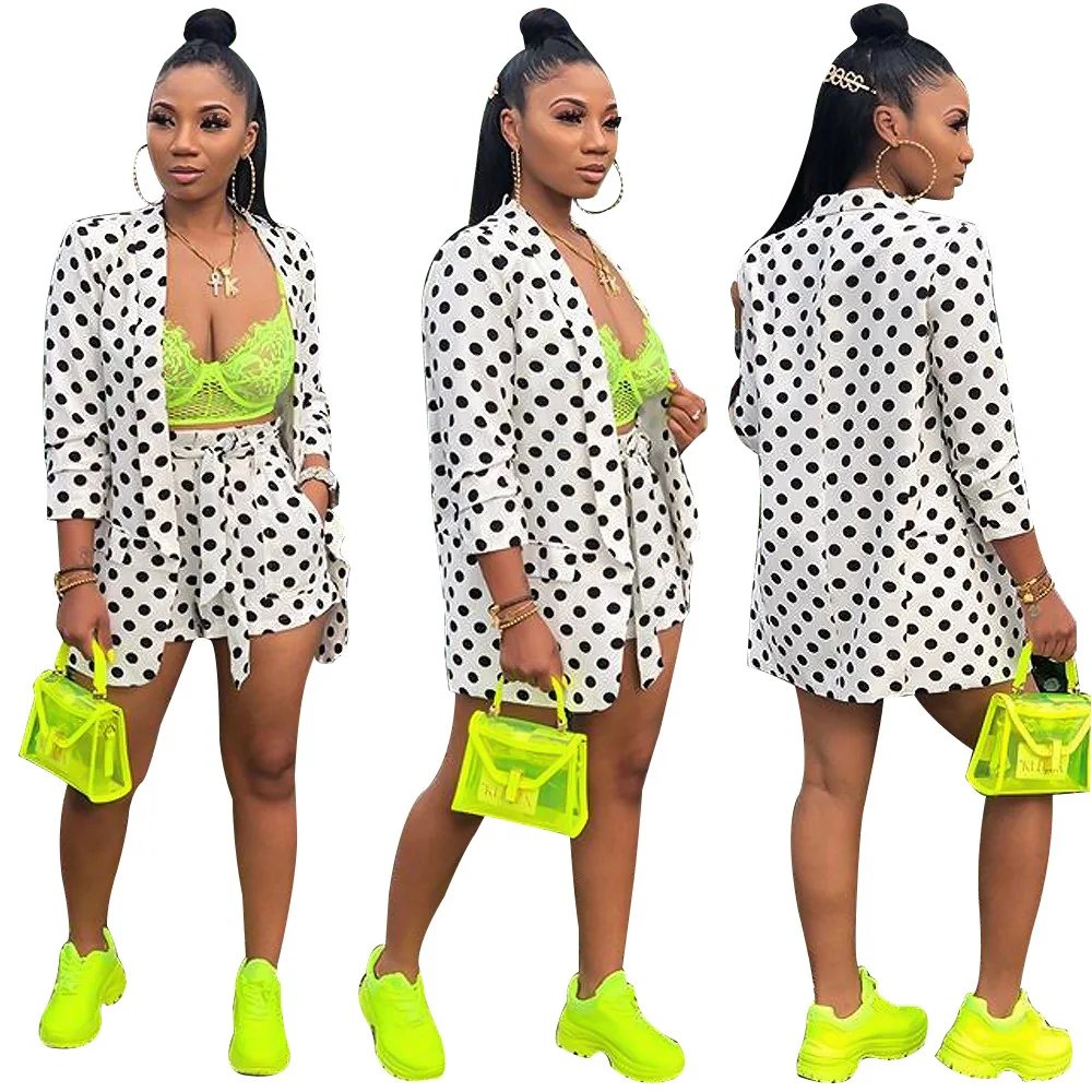 Dropshipping fall boutique casual 2 piece polka dot women blazer short set