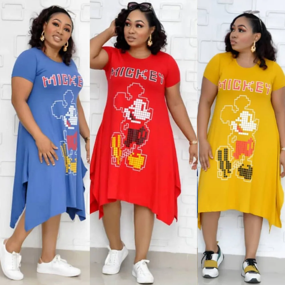 

Y008 2020 Latest Casual Plus Size Fat Mom Dresses Red African Women New Cartoon Loose Dresses, Blue, yellow, red