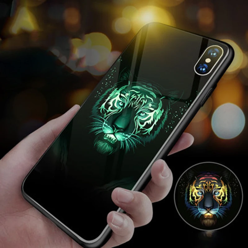 

Tiger Wolf Lion Ghost Luminous Glass Phone Case For iPhone 11 Pro SE XSmax XR XS X 8 7 6 6s 5 SE Plus Luxury Silicone Cover