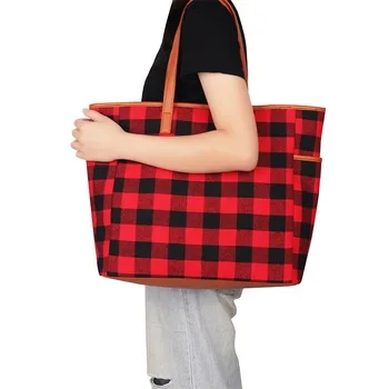 

Buffalo Plaid Purse Bag Wholesale Red Women 2pcs Buffalo Plaid Tote With Wristlet Bag Set, As pics show