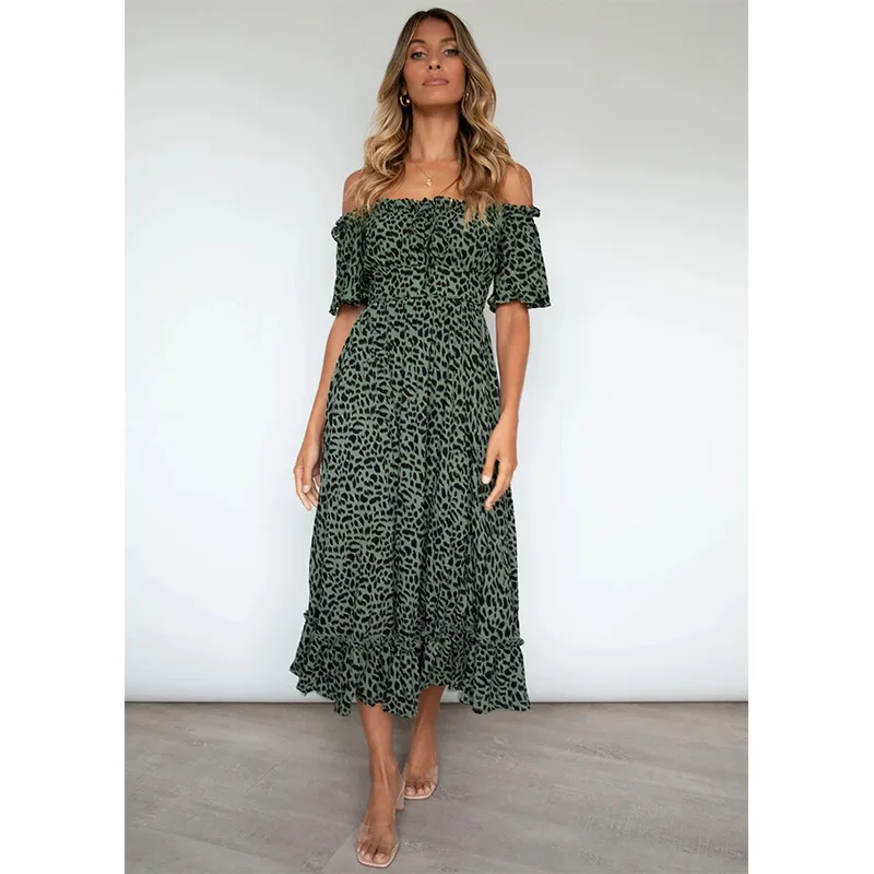 

Summer New Fashion Hot Retail Women Short-Sleeved Strapless Leopard Print Dress