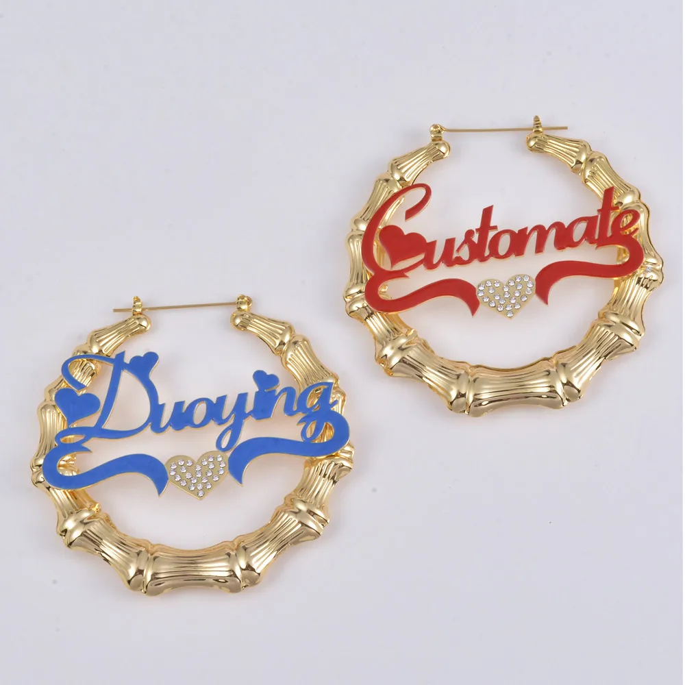 

30Mm-90Mm Personalized hoop Earrings Statement big Sexy Bamboo Hip Hop enamel Customize colorful Name Earrings