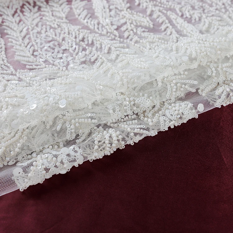 

QC042 white tulle heavy beads with big sequin net mesh embroidery fabric lace, White,custom