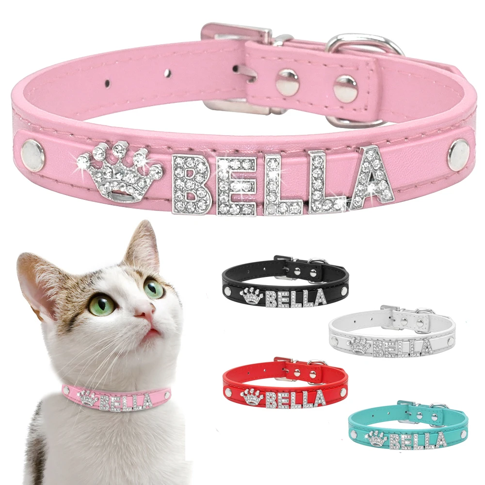 

Personalized DIY Dog Name PU Leather Collar Rhinestone Bling Charms Pet Cat Collars, Custom your color