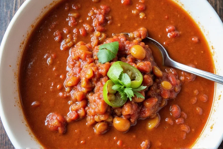 Garnished chili bowl with avocado and cilantro