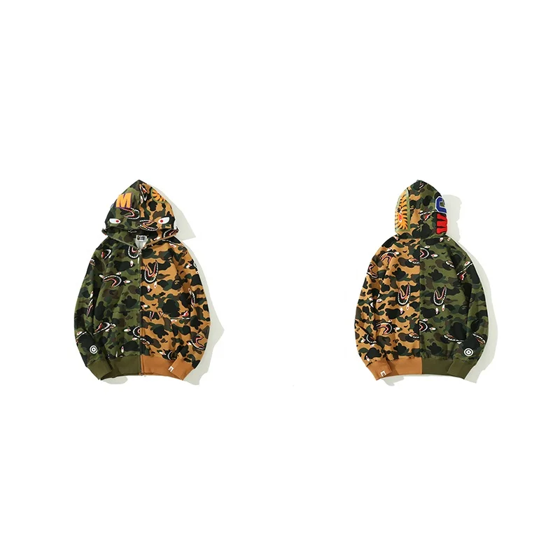 

European and American fashion trendy BAPE deformed shark head camouflage color matching men's zipper sweater hoodie