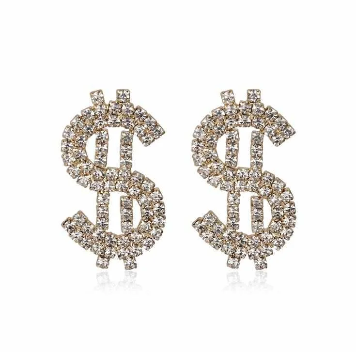 

Fashion Rhinestone Dollar Sign Hanging Dangle Long Shiny Crystal pendent Earrings, Gold/silver