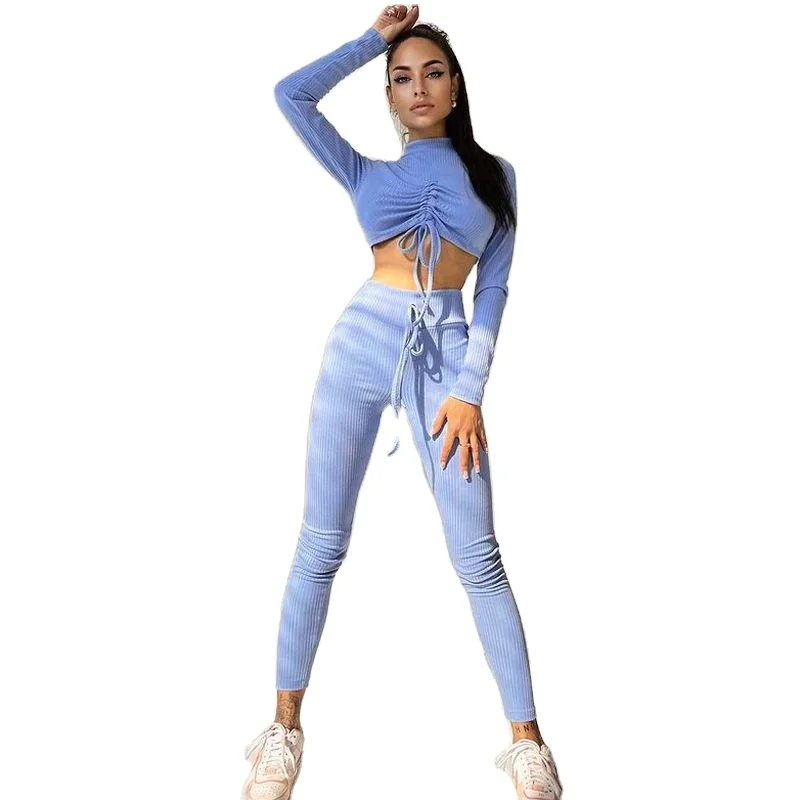 

fall 2021 women clothes women Crew Neck drawstring ribbed long sleeve top with pants plus size 2 piece sets women tracksuits