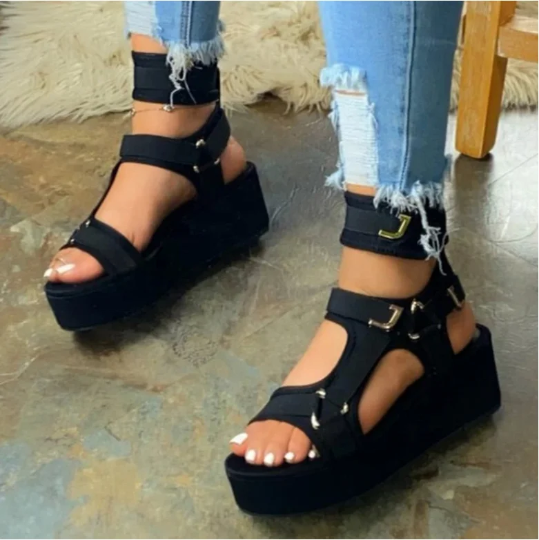 

Buckle High PlatformShoes Open Toe Women's Strappy Black Sandals, Multi-colors