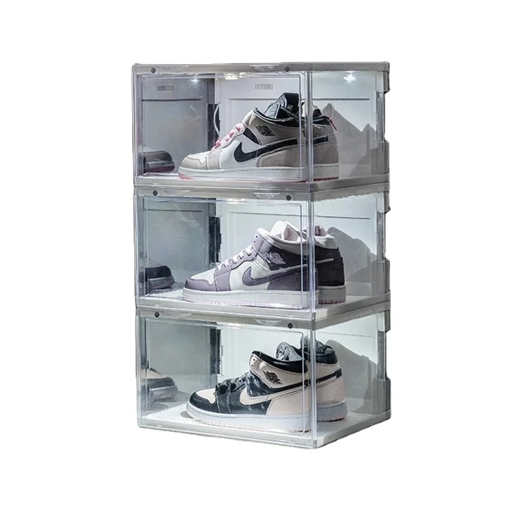

Large Gift Design White Glass Drop Front Display Led Shoe Storage Box Magnetic Stackable Plastic Clear Custom Acrylic Shoe Box