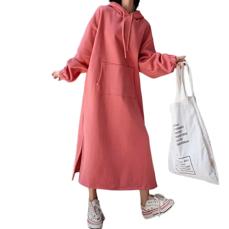 

2021 High Quality Winter Plain Pocket Fleece Casual Maxi Dresses Sweatshirt Pullover Thick Long Hooded Hoodie Dress For Women