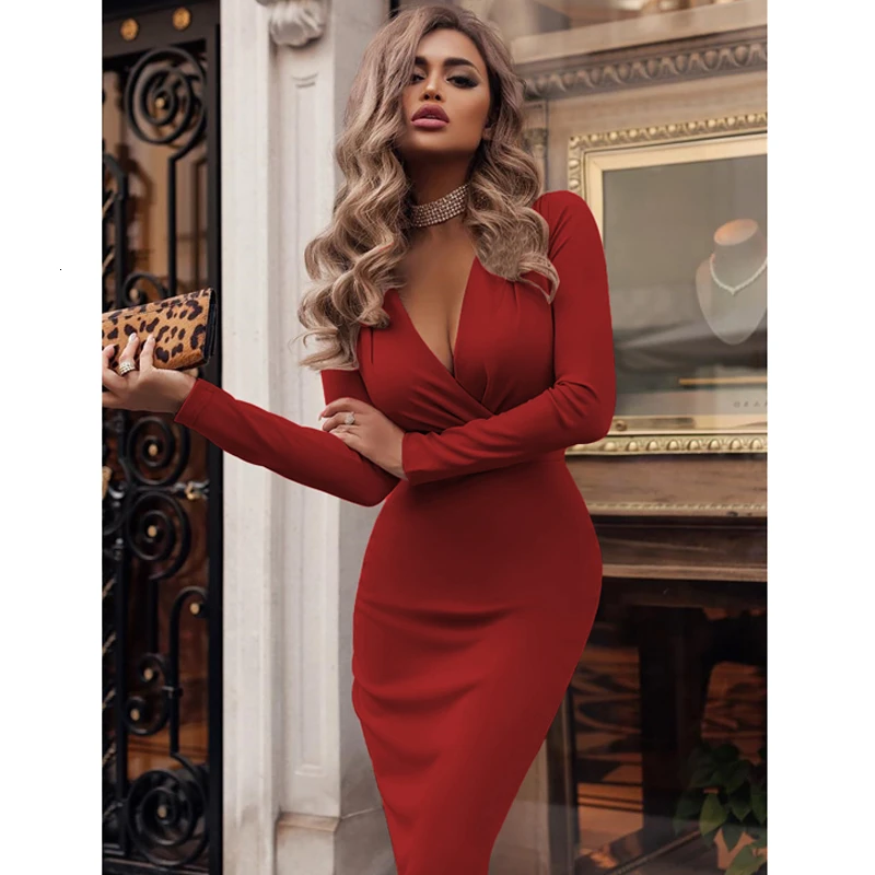 

2021 Summer Spring Stylish Fashion Sexy Deep V-Neck Long Casual Sleeve Dresses For Women Clothing Lady Elegant