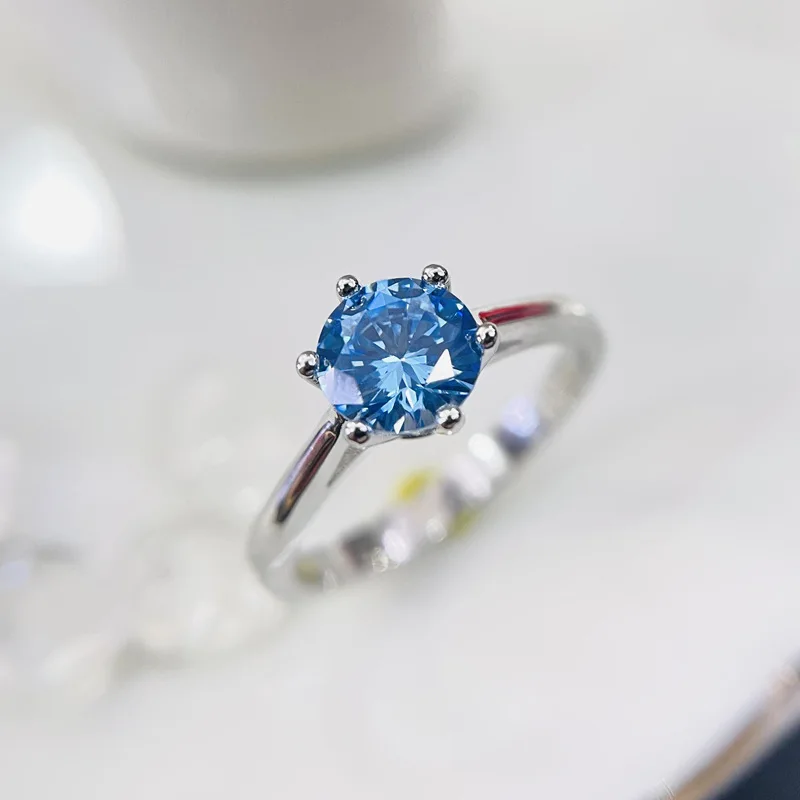 

New light arm six-claw gold-plated single diamond women's diamond ring aquamarine summer zircon ocean sapphire S925 silver ring, Blue
