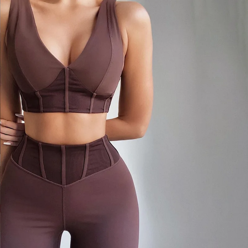 

Sexy Yoga 2021 spring and summer new women's sexy low-cut stitching slim breathable sports fitness 2 piece set women clothing, As picture or customized make