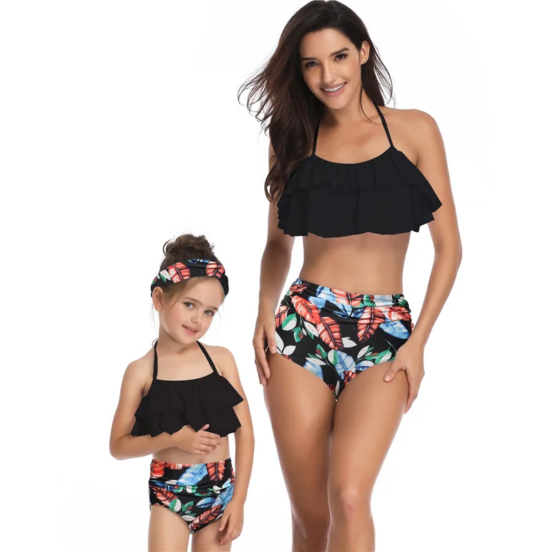 

Aliexpress Drop Shipping Kids Bikini 2021 Summer High Waisted Two Piece Swimsuits Mommy And Me Swimwear, Shown