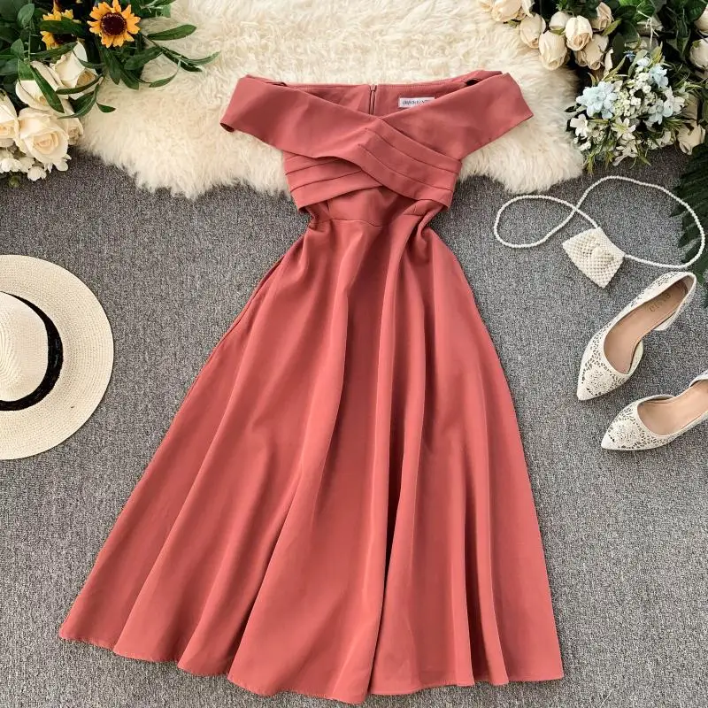 

Q145 Women Short Sleeve slash neck Front Midi Dress Ladies Dresses Clothing