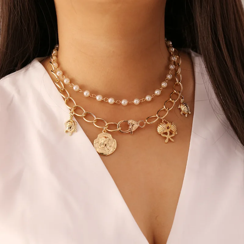 

fashion pearl coin starfish tortoise Women's multi layer chain necklace