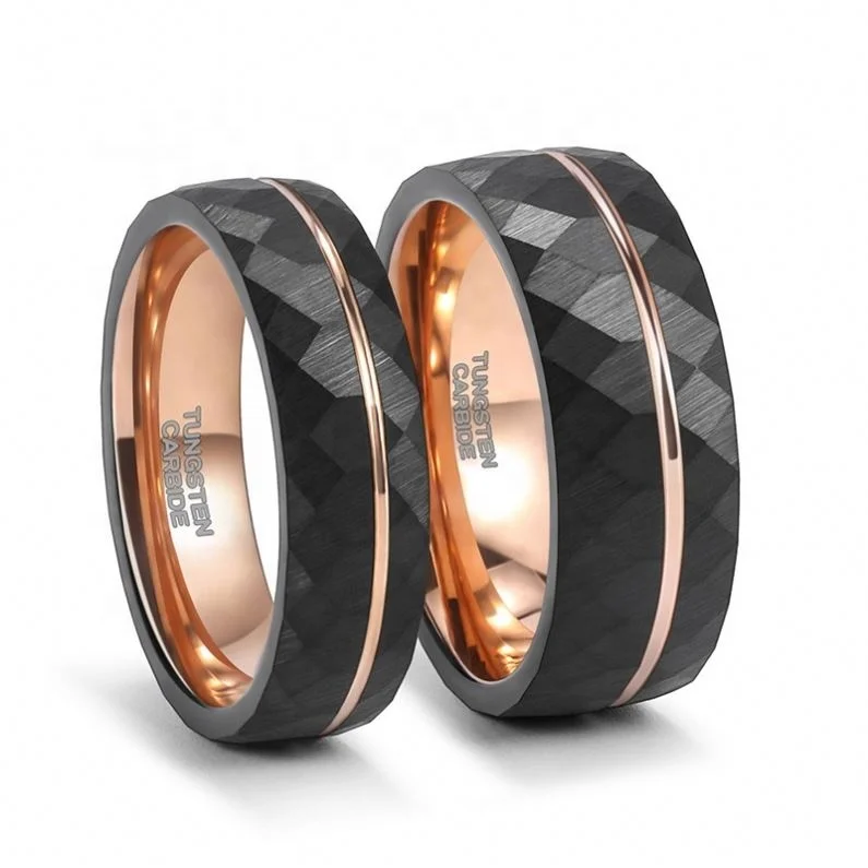 

8MM Men Jewelry Black Faceted Finish Wedding Band Stripe Two Tone Plating Groove Surface Tungsten Carbide Steel Ring