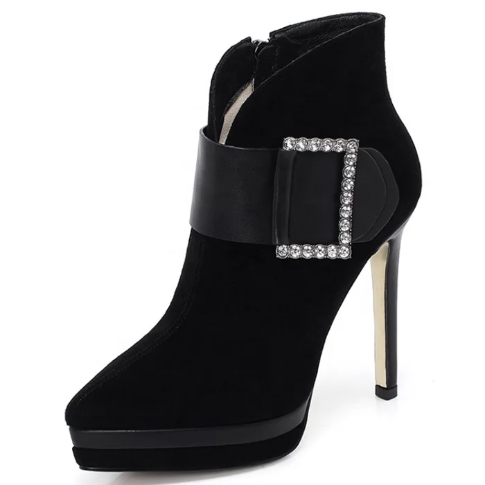 

High-end Unique Design Women's High Heel Ankle Boots Bright Rhinestone Dress Stiletto Booties Shoes Platform Lady Short Boots, Black