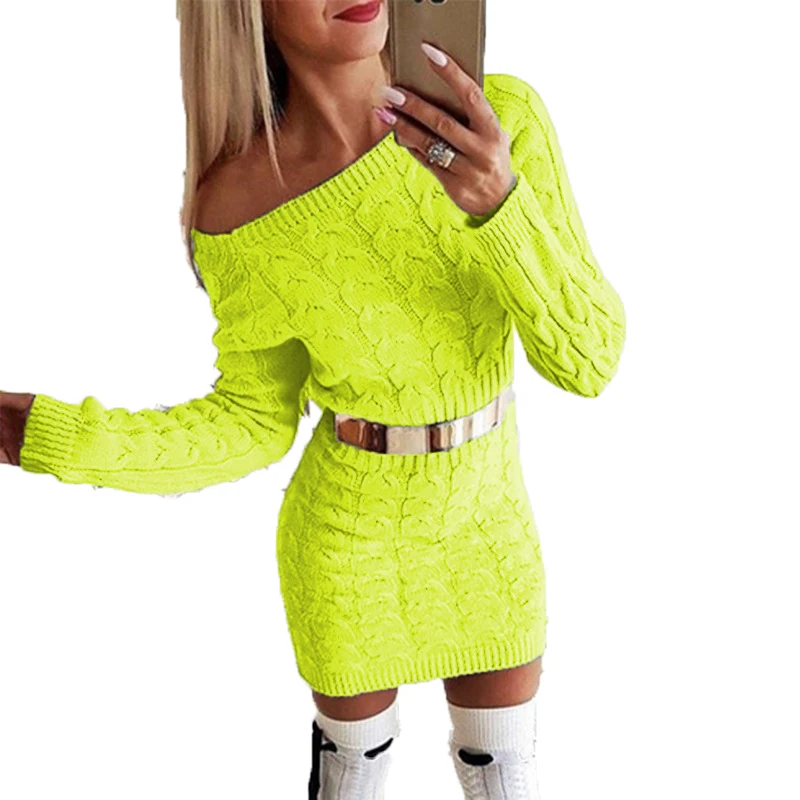 

Autumn and winter mid length fluorescent twist waist off shoulder sweater dress SMT sweater long sleeve sexy women's sweater