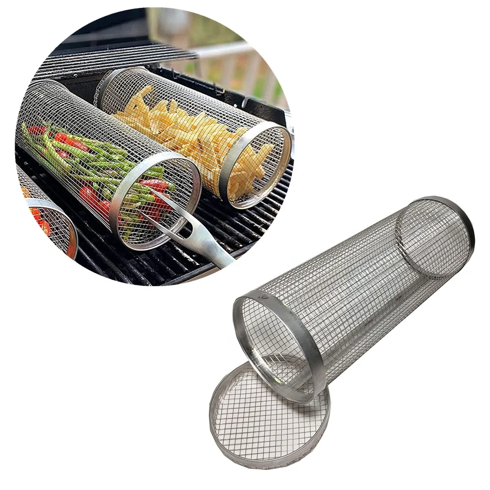 

2pcs Outdoor Camping Rotisserie BBQ Grilling Net Tube Roaster Stainless Steel Wire Mesh Cylinder Round Rolling Grill Basket
