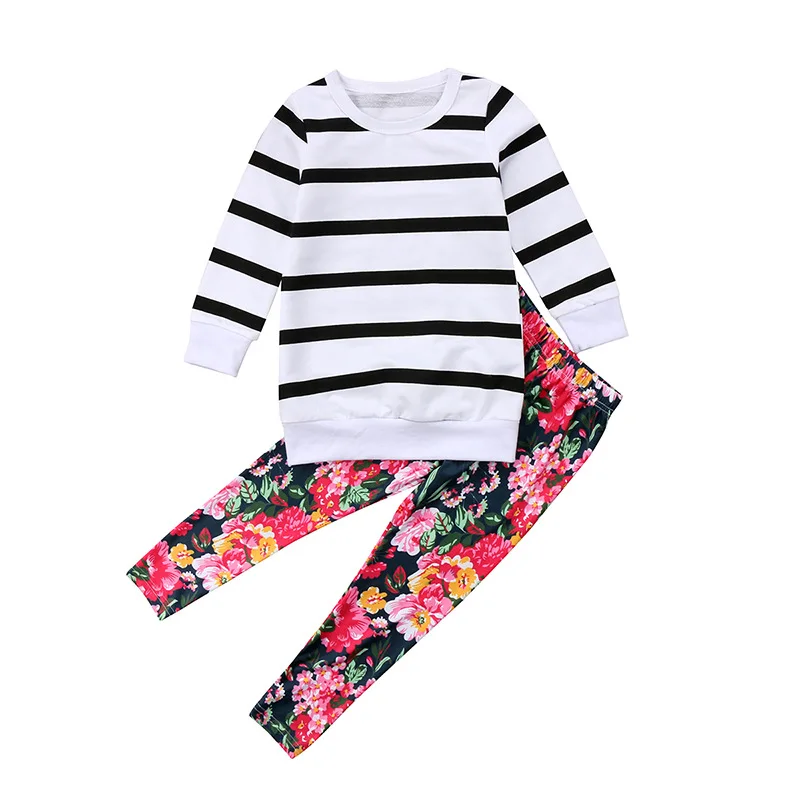 

Spring Autumn 2020 long sleeve Striped tshirt for children with floral trousers girls clothing sets boutique for wholesale, As pic shows, we can according to your request also