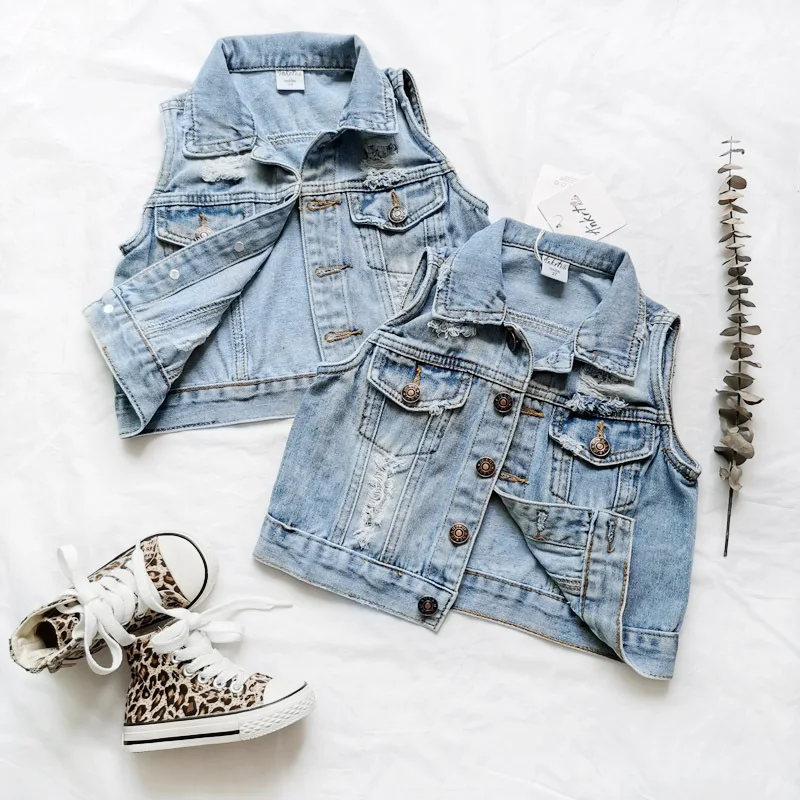 

P108056 Spring Summer boutiques Baby Girls sleeveless girls kids' jeans vest jacket children's clothing, Denim