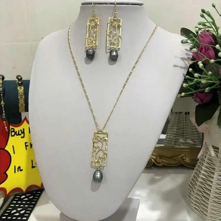 

drop pearl earring set Polynesian jewelry set wholesale 14k gold plated really freshwater pearl necklace and earring for wom