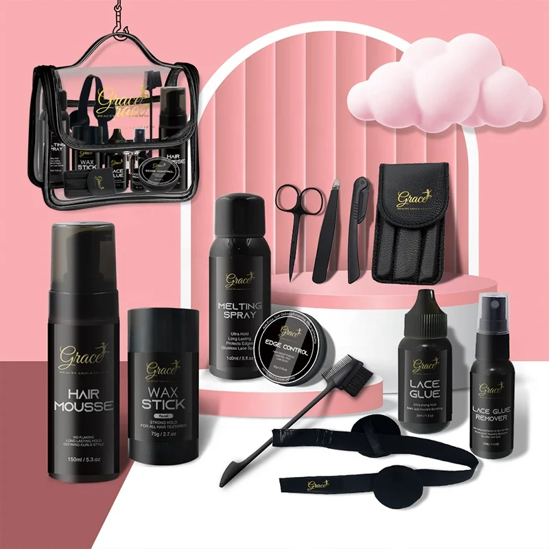 

Hot Selling Lace Glue Edge Control Wax stick Curly Hair Mousse Melting Spray Black Gold Lace Wig Install Kit with Travel Bag