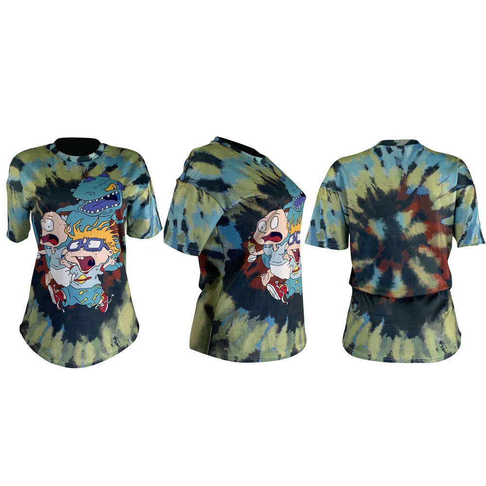 Street Style Women Fashion Anime Print Green T-shirt Short Sleeves Casual Loose Blouse Top for Girls Students Cool T-Shirt