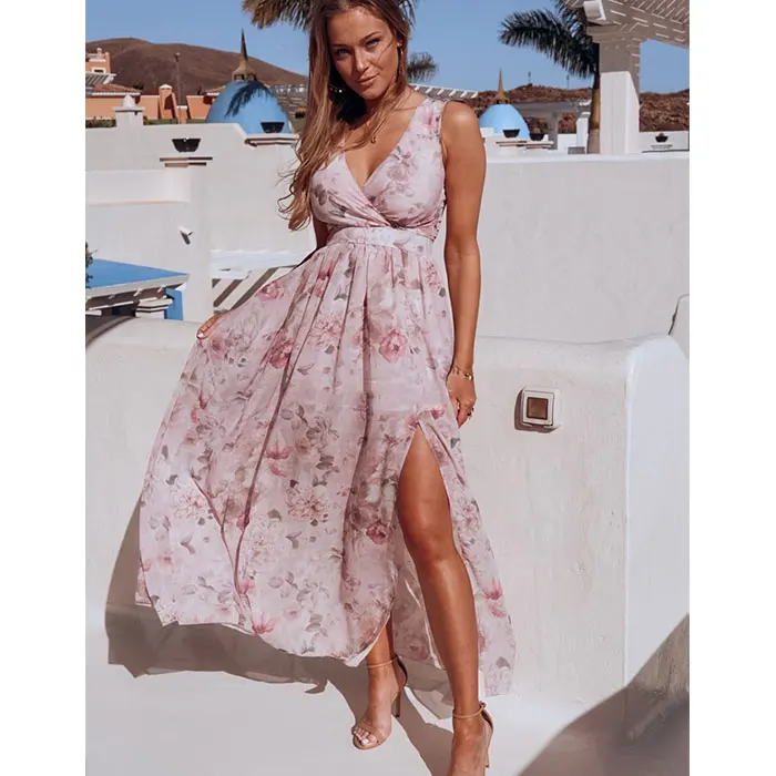 

2020 Summer Long Women V-neck Bodycon Floral Print Maxi Dress Lady Elegant Casual Dresses, Pink,sky blue