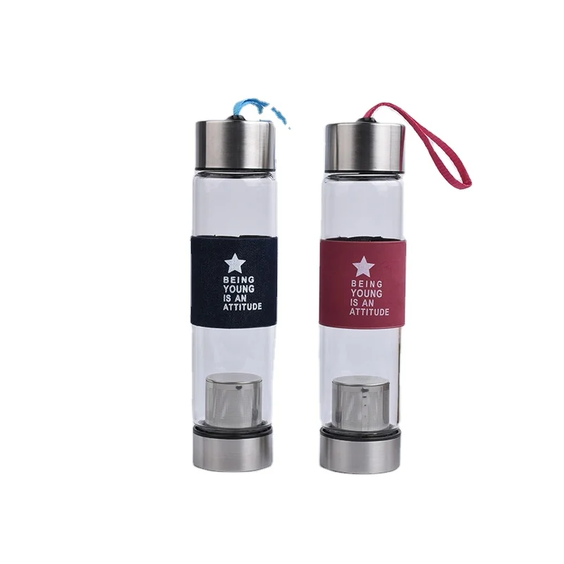 

Custom logo portable glass water bottle with stainless steel tea infuser