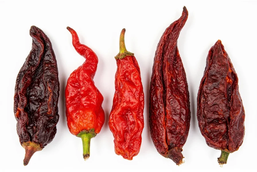 Various dried Mexican chilies arranged for comparison including pasilla, ancho, and guajillo peppers