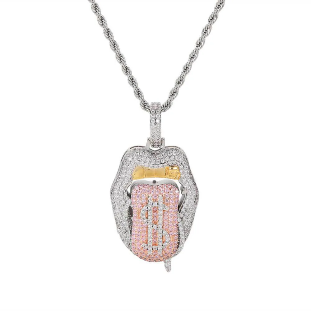 

Iced Out Bling 5A CZ Sexy Mouth Pendant Necklace Dollar Symbol Micro Pave Dripping Lips Silver Color Tennis Hip Hop Women, Gold,silver,rose gold