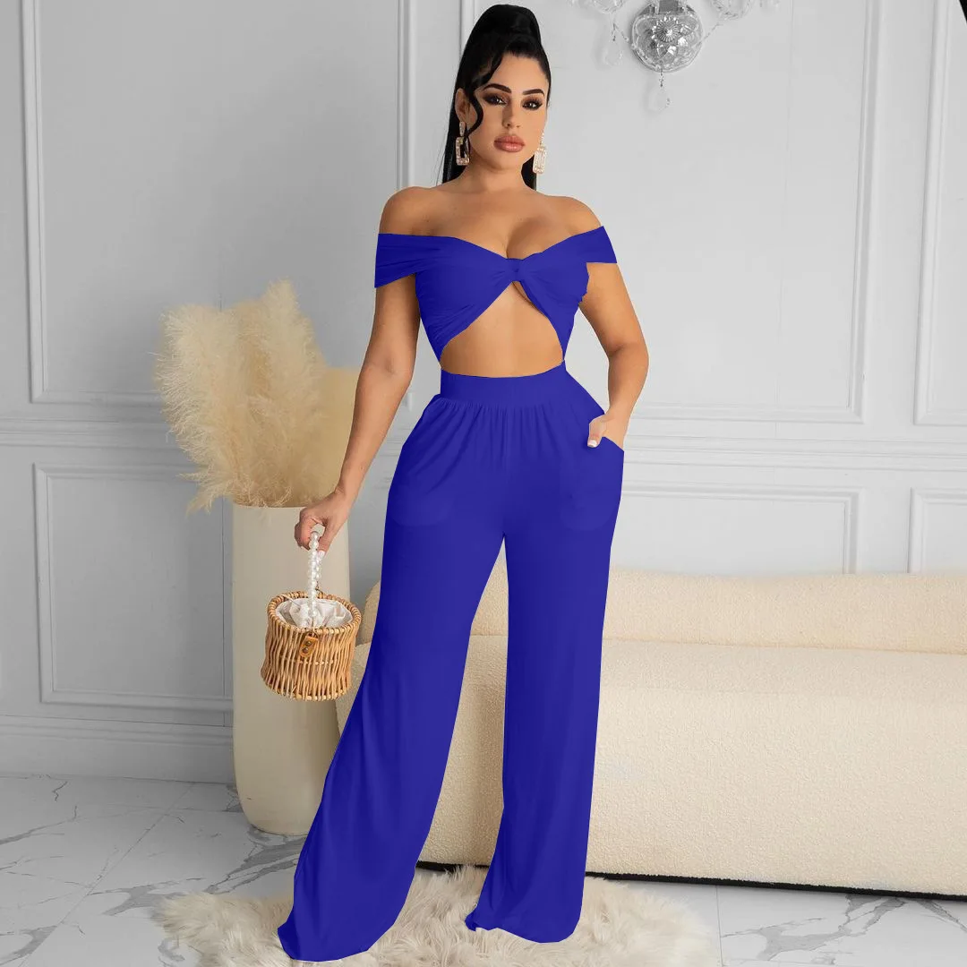 

H6393 - crop top and pants fashion sexy sleeveless strap solid backless neon women two piece pants set clohting