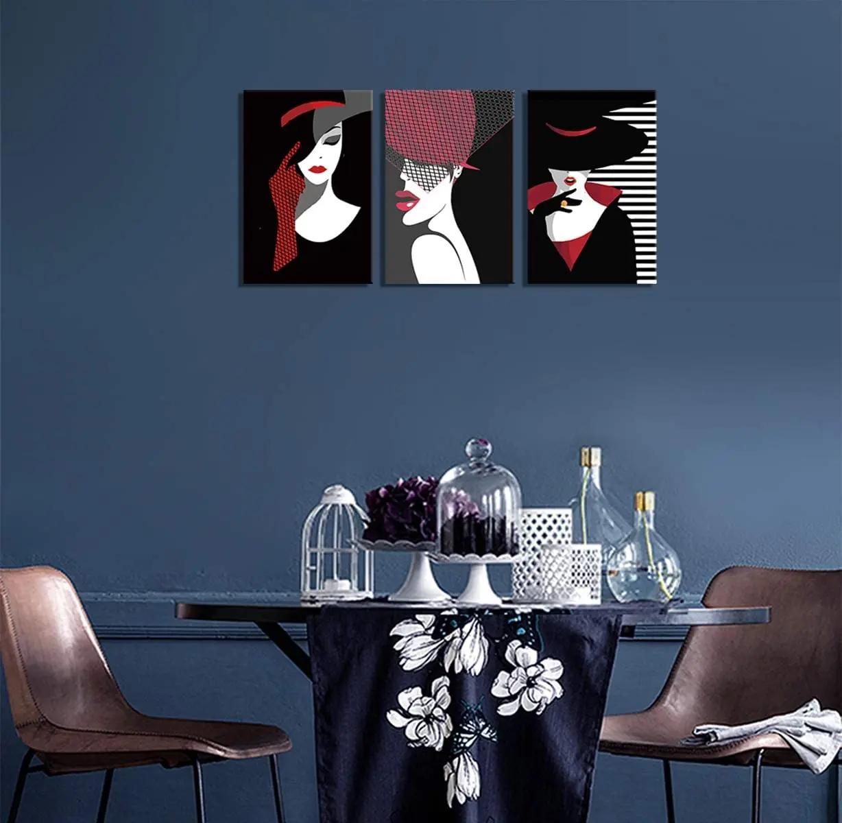 

Mordern Abstract Wall Art Woman Red Lips Girls Wall Art, Black white and blue