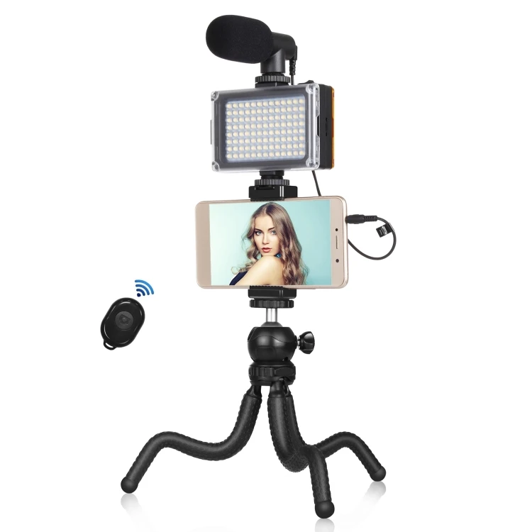 

New Design Light Portable Mini PULUZ 4 in 1 Camera Mobile Tripod Stand, Studio Light + Microphone + Phone Clamp Kits, Black