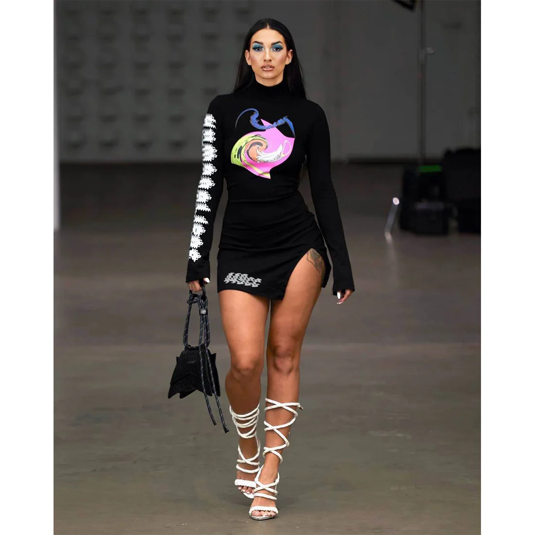 

X329 slit stylish sexy mini dress long sleeve t shirt dress