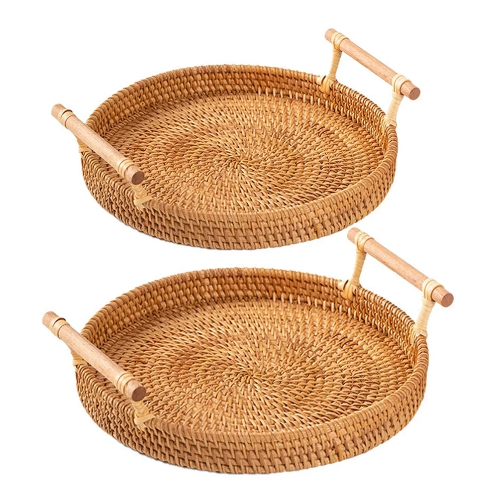 

Hand-woven Round Rattan Tray Fruit Storage Basket Bread Serving Handcraft Plate with Wooden Handle Rattan Serving Tray
