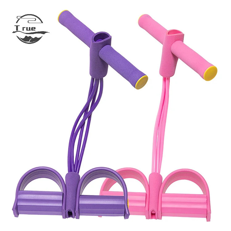 

Skid Resistance Pedal,Home Exercise Latex Sit Up Pull Rope Foot Pedal Resistance Band,Pedal 4-Tube Resistance Band, Purple/pink/blue