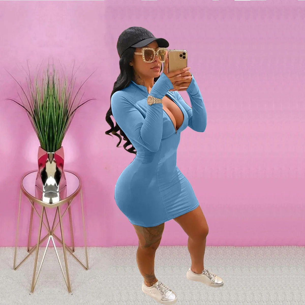 

2021 Autumn New Arrivals Fashionable Solid Color Zipper Up Dresses Women Long Sleeves Sheath Dress, Pink,gray,green,black,blue,light blue,red,yellow