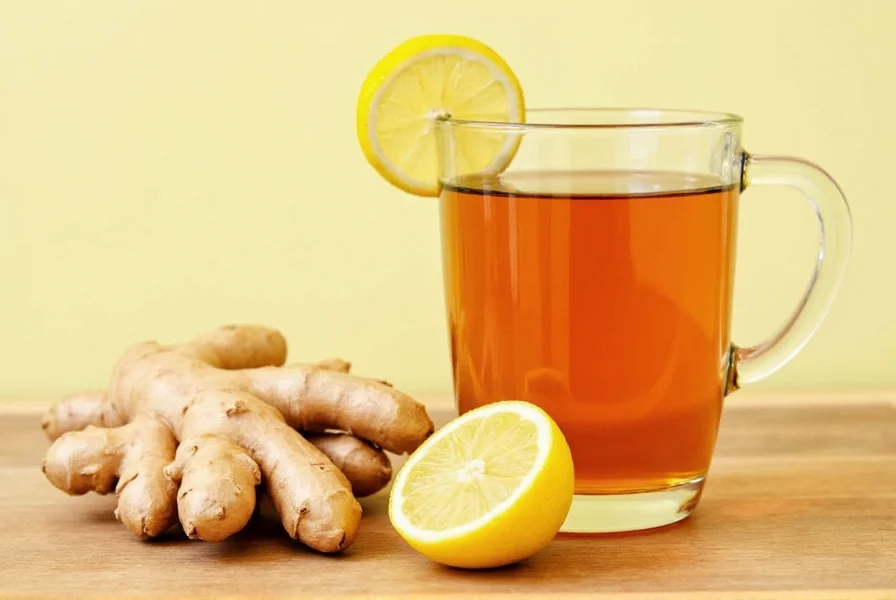 Person enjoying warm ginger lemon tea in ceramic mug with fresh ingredients visible