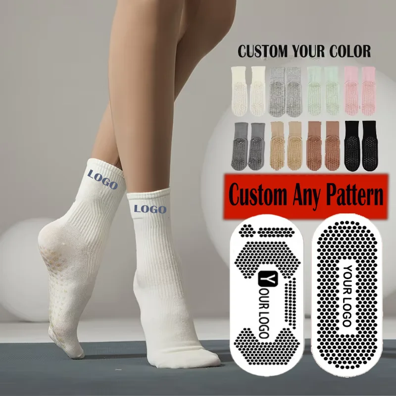Custom Women's Pilates Yoga Crew Tube Sports Socks Thick Cotton Non-Slip Grip Breathable with Silicon Solid Logo Customizable