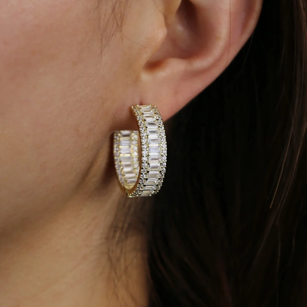 

Iced out bling rectangle cz Medium hoop earring for women, Picture