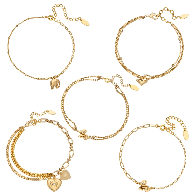 

Dainty Gold Bracelets for Women 18K Gold Filled Adjustable Layered Bracelet Evil-Eye Heart Elephant Charms Cuban Chain Bracelet, Muti