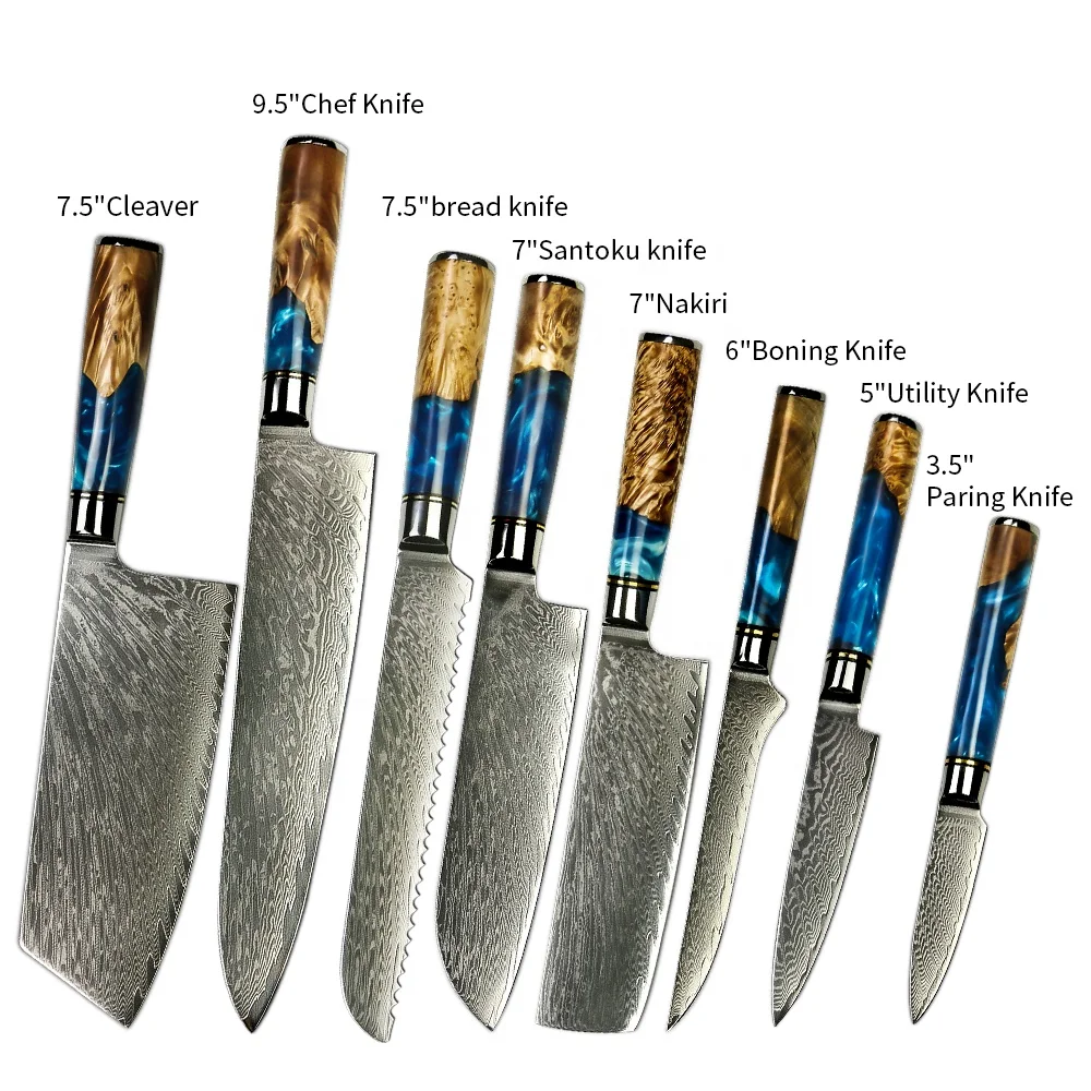 

Amber Chef Knife 8pcs Damascus steel Leather Pattern Resin Handle Knife Set