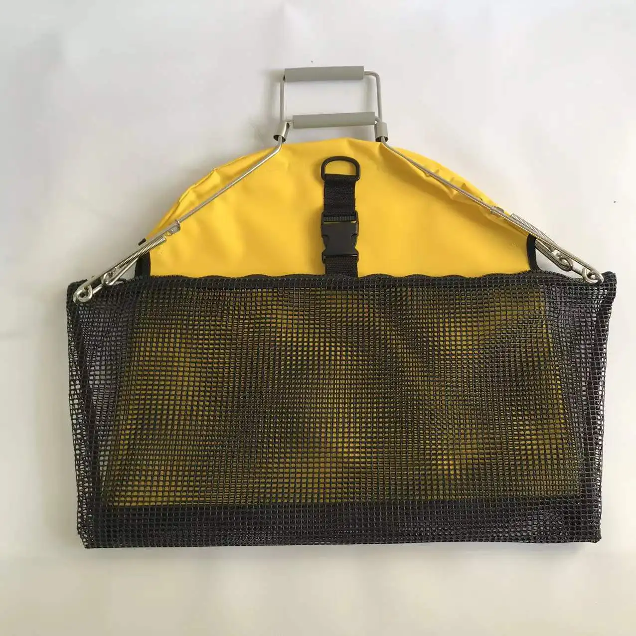 

Squeeze handle lobster catch bag with mesh bottom zipper and pocket, Yellow,orange