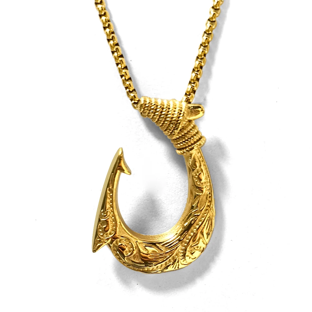 

Men Boys Hiphop Hand Carved Stainless Steel Fish Hook Pendant Necklace, 18k gold plated, silver