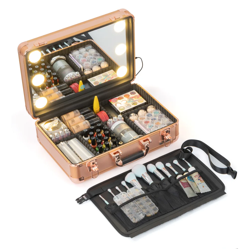 

Portable Travel Beach Custom Luxury Small Vanity Make Up Case Organizer With Mirror And LED Light, Black/ pink/ customized